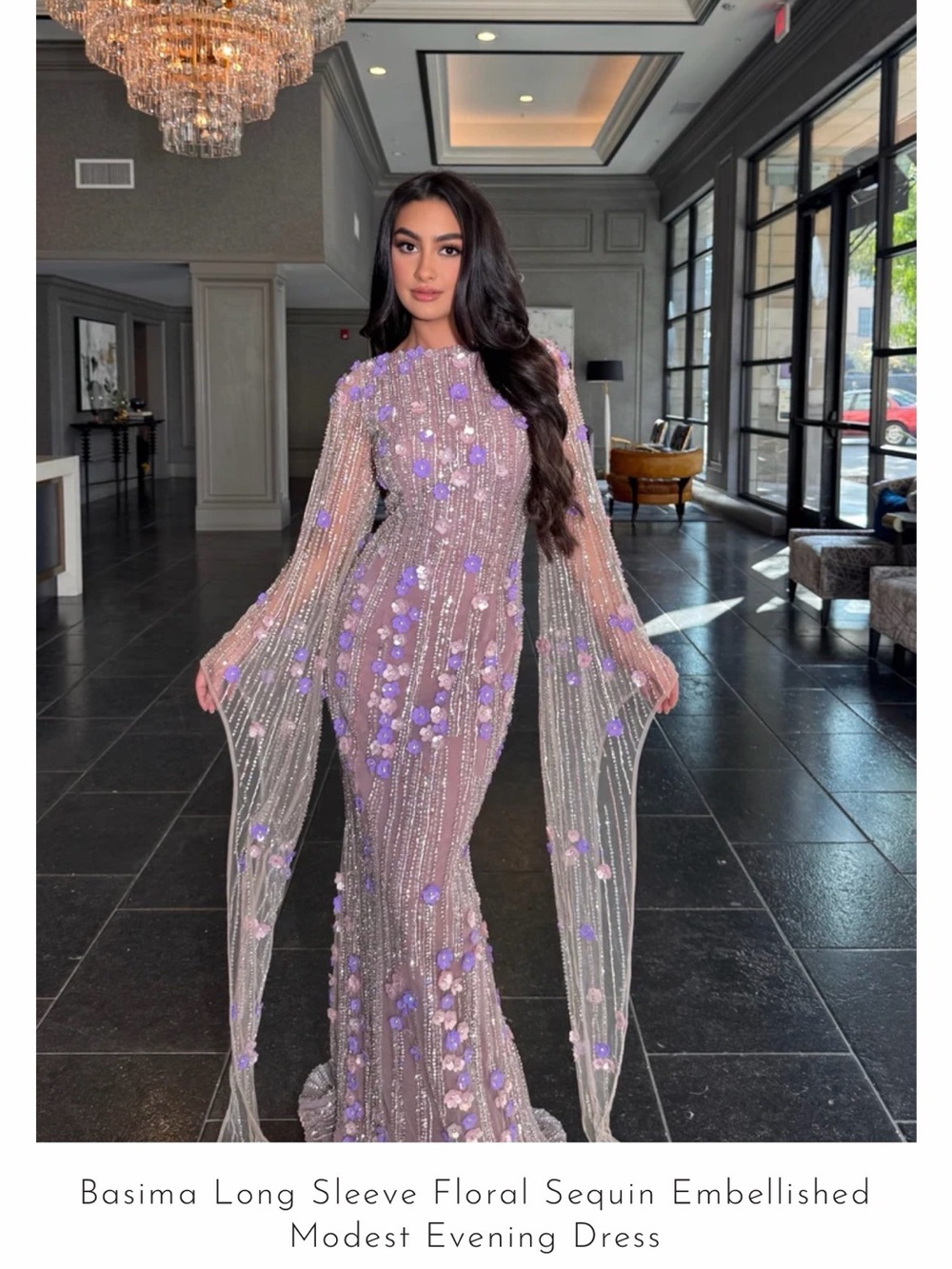 Lavender Floral Sequin Long Sleeve Evening Dress